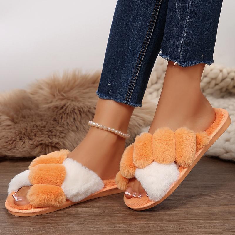 Fashion Contrast Color Cross Strap Plush Slippers for Women Winter Fashion Fluffy House Slippers Woman Cozy Warm Faux Rabbit Fur Slides