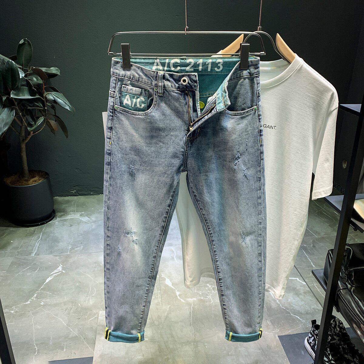 

«Мужские джинсы с буквами в стиле Гонконга, лето 2023 г. — модные брюки в стиле хип-хоп для улицы» 34 светло-синий