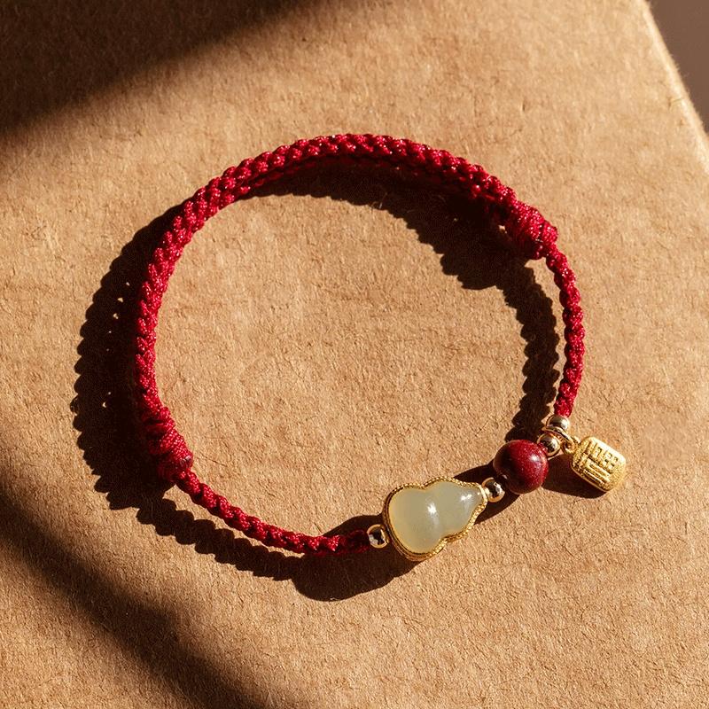 Hand Braided Red Lucky Bracelets For Couples Imitation Jade Calabash Cinnabar Beads Bracelet Good Fortune Bangles Year Gift