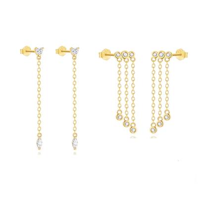 Fashion Jewelry 925 Sterling Silver Long Tassel Chain Diamond Heart Shape Zircon Gold Plated Stud Earrings for Women