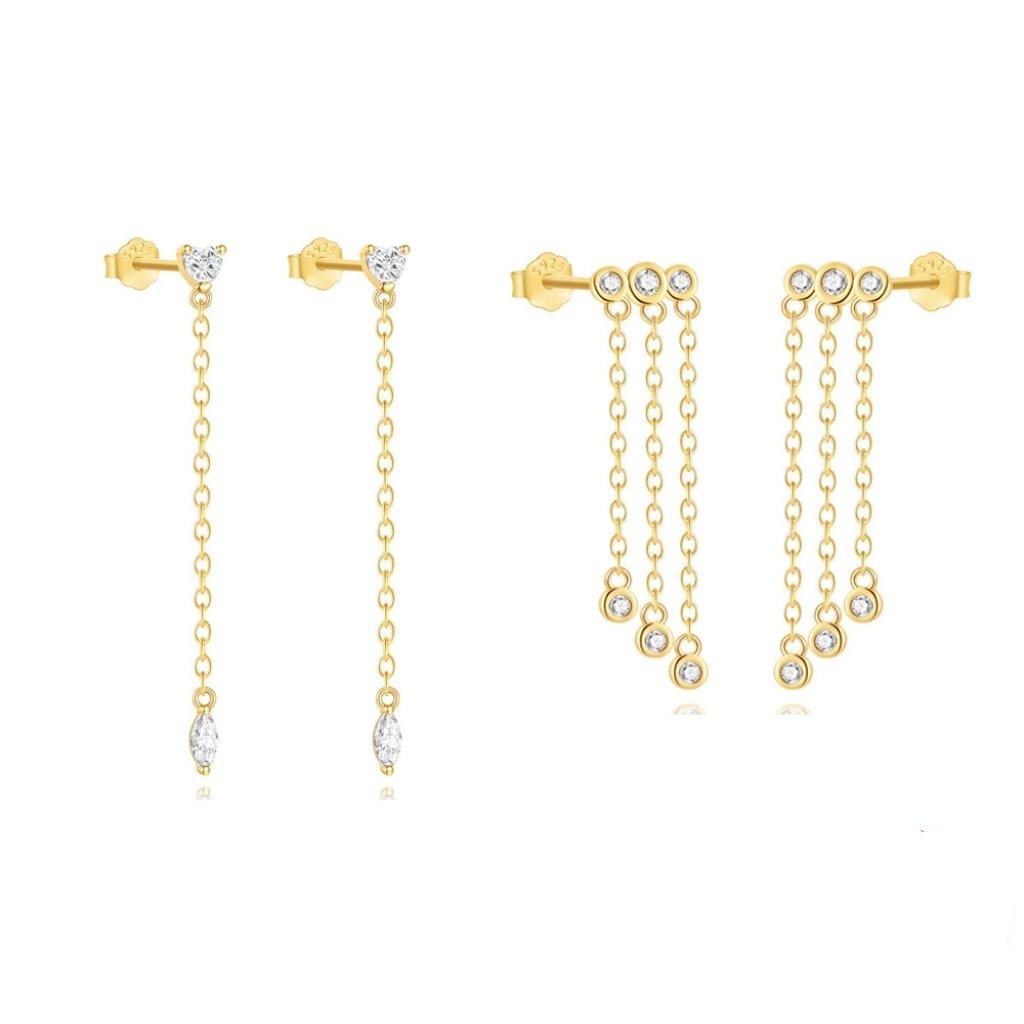 Fashion Jewelry 925 Sterling Silver Long Tassel Chain Diamond Heart Shape Zircon Gold Plated Stud Earrings for Women