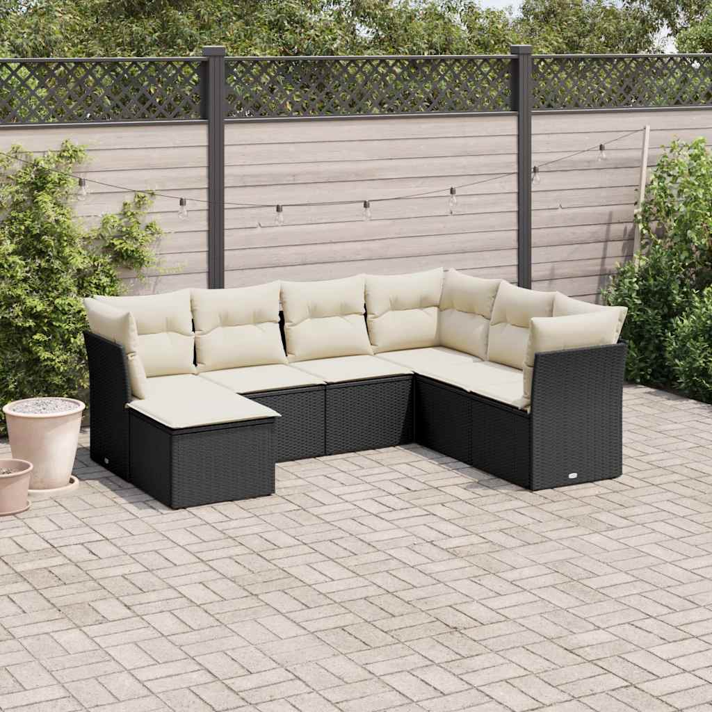 7-teiliges Gartensofa-Set mit Kissen Schwarzes Poly-Rattan