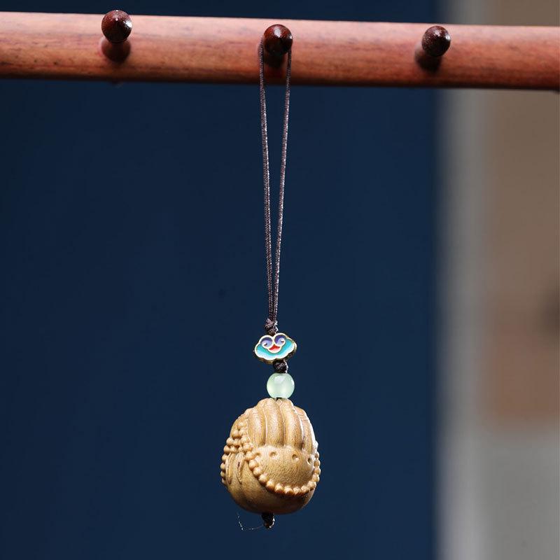 Three-Dimensional Green and Red Sandalwood Carved Pendant Keychain Accessory