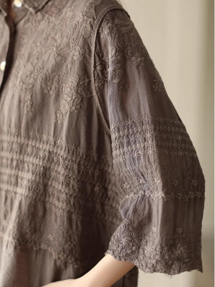 Johnature Damen Vintage Print Blumenhemden Stickerei Einfarbige Blusen Sommer Knopf Halbarmhemden