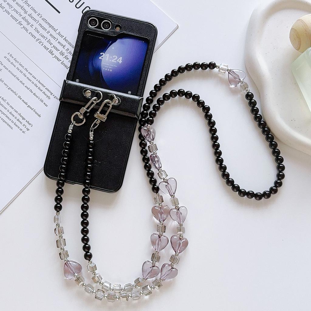 For Samsung Galaxy Z Flip7 FE 5G/Z Flip6 5G Case Heart Pattern Leather+PC Phone Cover with Crossbody Beaded Strap