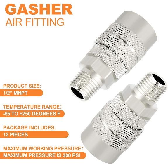 GASHER 12PCS 1/2-Inch Male Industrial Coupler,1/4 Basic Flow Quick Connect Air Coupler