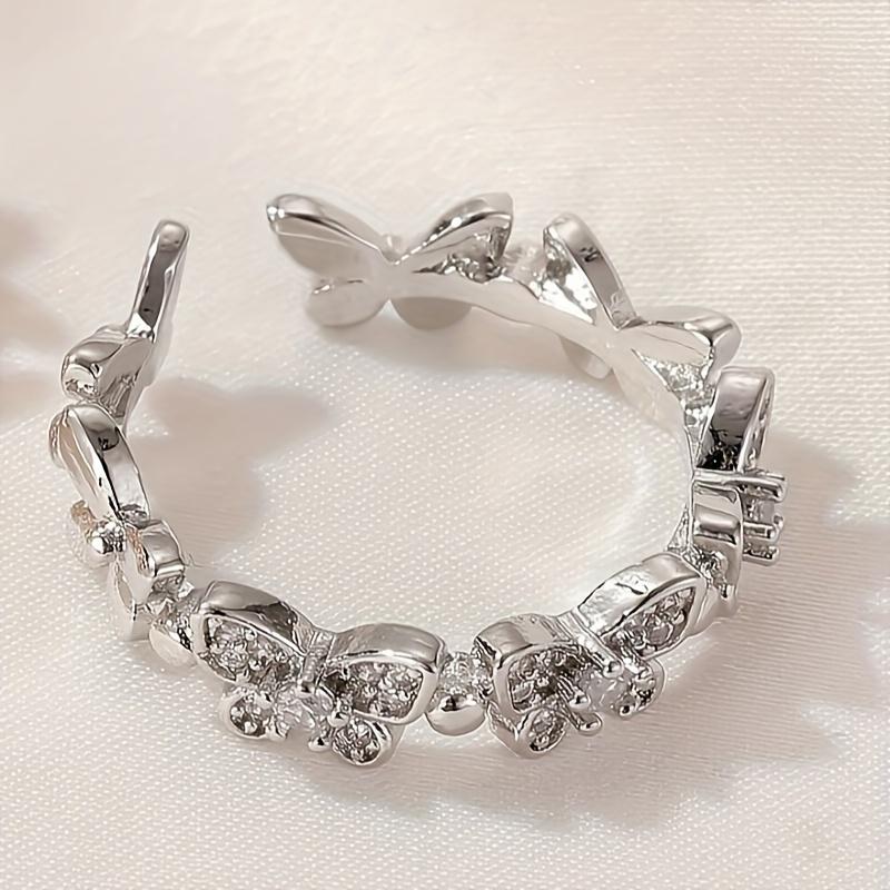 1 Pc, Estilo Elegante e Clássico, Anel Aberto com Design em Forma de Borboleta Prateada e Rosa Dourada, Anel de Zircônia Brilhante Incrustado