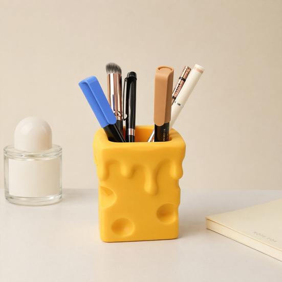 3D-printet Ost Penneholder, Smeltende Osteterning Blyant Opbevaringsbeholder, Makeuppensel Papirvarer Organizer Boks til Hjemmekontor Skrivebord