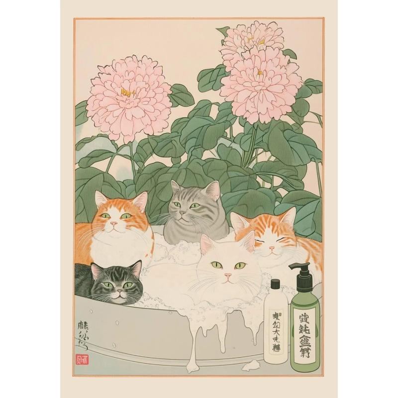 Gatto Tigrato Giapponese nella Vasca da Bagno Stampe Poster Pittura su Tela Estetica Retrò Arte da Parete Immagine Japandi Bagno Toilette Decorazione Casa