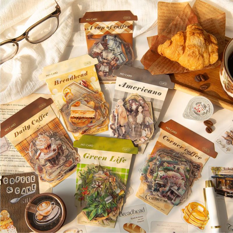 30-Sheet Vintage Coffee Theme Sticker Pack, Retro Coffee Culture Designs & Crisp Details, Perfect for Journal Embellishment