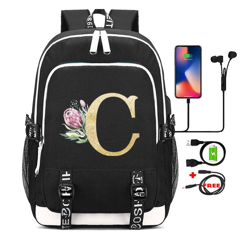 26 English Letters Black Backpack Cosplay Canvas Rucksack Children Kids Schoolbag Travel Bag Back To School Bookbag