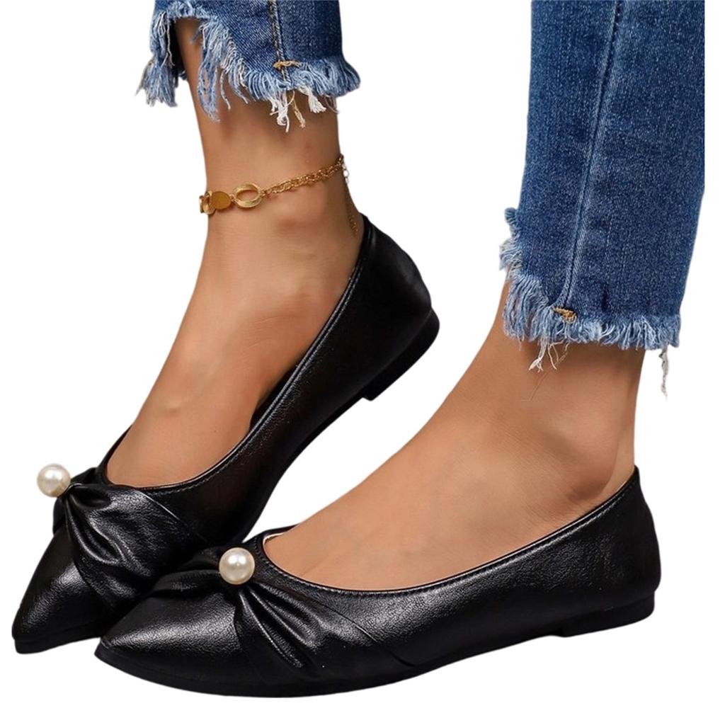Women's Large Size Pointed Toe Flats Bow Accent Pearl Detail Slip On Casual Comfortable Shoes