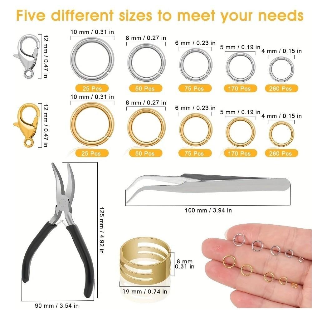 1200 Pièces Nouveau Kit de Réparation Argent Doré Bricolage Avec Pince Brucelles Fermoirs Mousquetons Multi-tailles Anneaux Anneaux Ouverts Fabrication d'Artisanat