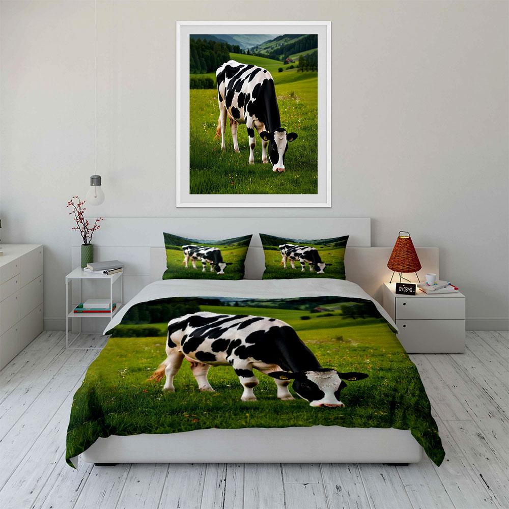 Black and White Cow on Meadow Bedding Duvet Cover Set Duvet Cover Pillowcases (1*Duvet Cover 2*Pillowcases, without duvet insert)