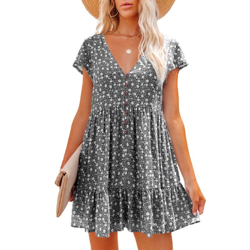 Europe, America, Spring and Summer V-neck Button Small Floral Short-sleeved Loose Casual Dress Women's Clothing