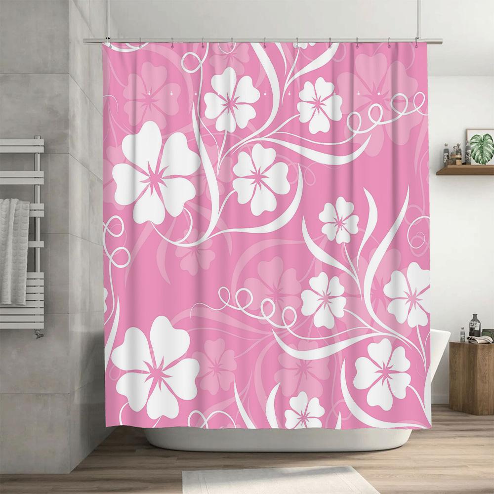 Pink Bath Curtain With White Flower Pattern Waterproof Shower Rug Decor For Bathroom Home Decoration Unique Gift Idea