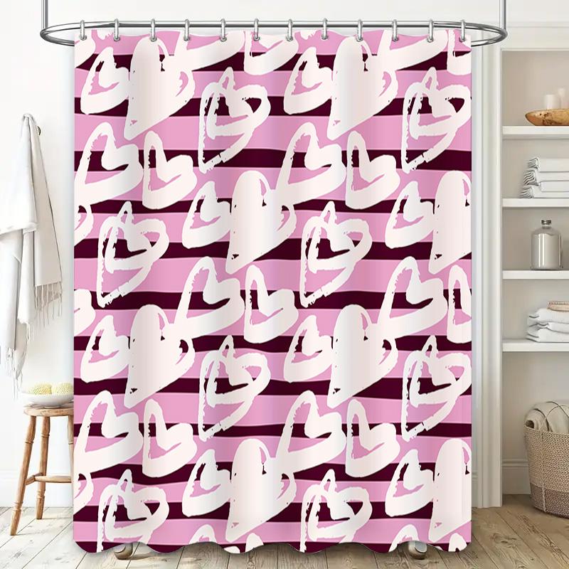 Charming Pink and White Striped Shower Curtain with Heart Design Modern Bathroom Decor for Home Decoration