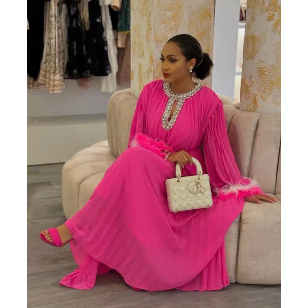 Autumn New Elegant Solid Color Dress Round Neck Diamond Loose Fluffy Splicing Pleated Dress