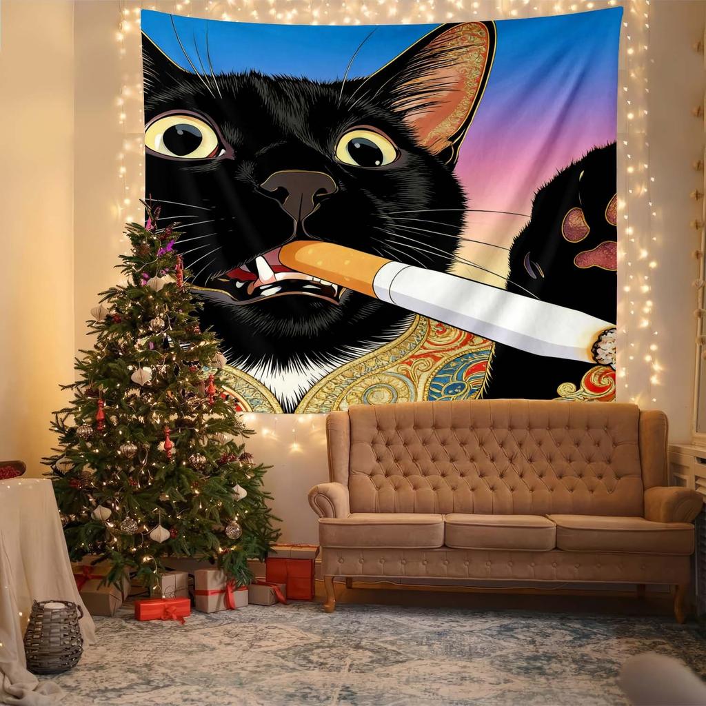 Funny Smoking Black Cat Tapestry, Japanese Ukiyo-E Style Cat Wall Hanging, Cool Aesthetic Room Decor Suitable Offices Bars Party