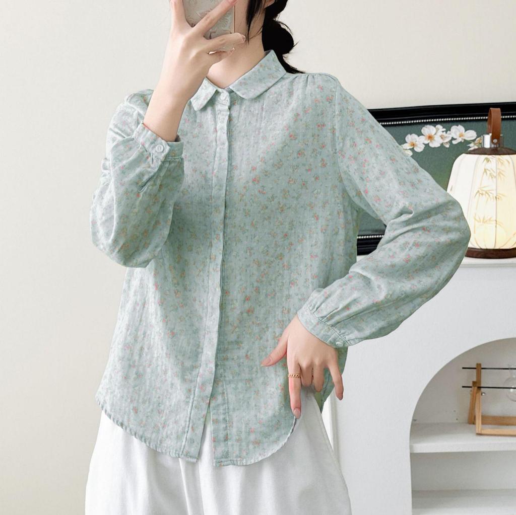 Women's Japanese Style Floral Long Sleeve Gauze Shirt - Spring/Autumn 2026