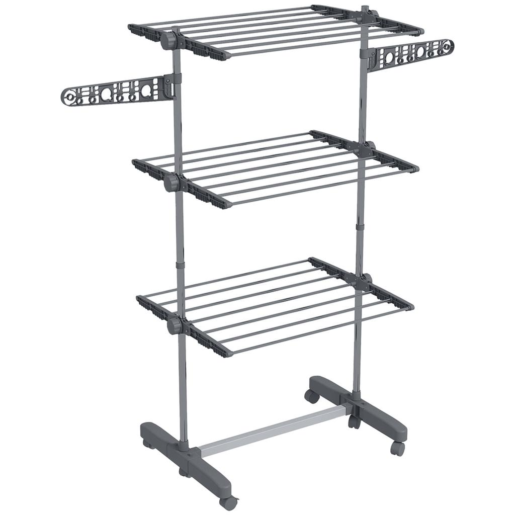 Three-Shelf Collapsing Clothes Horse, With Side Arms and Wheels - Grey