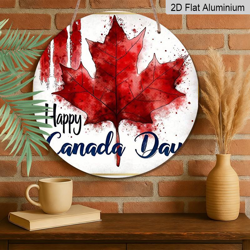 2D Flat, 1pc Patriotic Canada Day Round Aluminum Metal Sign, Watercolor Red Maple Leaf "Happy Canada Day" Design, Durable Weatherproof Wall Decor