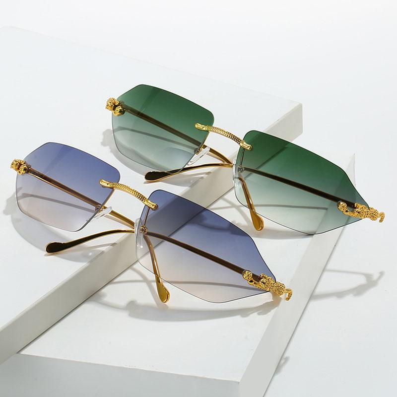 Brand Designer Luxury Rimless Curved Rectangle Sunglasses Women For Men Vintage Punk Sun Glasses Popular Gold Leopard Shades