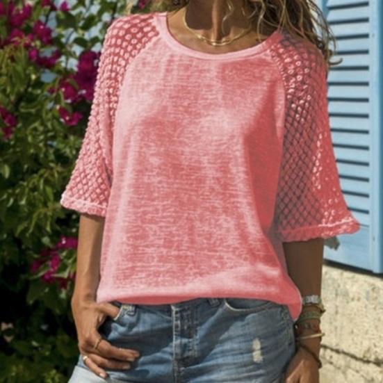 Damen Oberteile Leicht Atmungsaktiv Netzärmel Patchwork-Design Lockere Passform Rundhalsausschnitt 46085 Ärmel