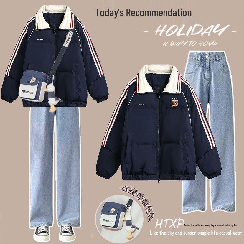 Colorblock Winterset: Lässiger Baumwollmantel im koreanischen Stil & Jeans mit Kordelzug für Studentinnen