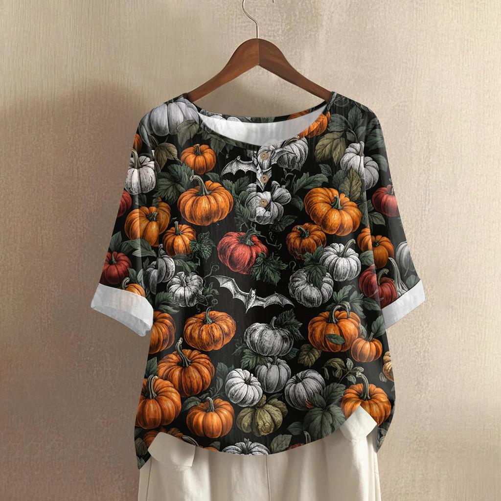 Women's Casual Mid Sleeved Round Neck Halloween Printed Cotton And Linen Top