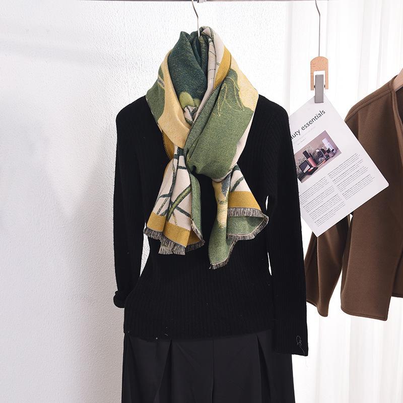 Women's Luxurious Lotus Print Imitation Cashmere Shawl - Warm Autumn/Winter Fashion