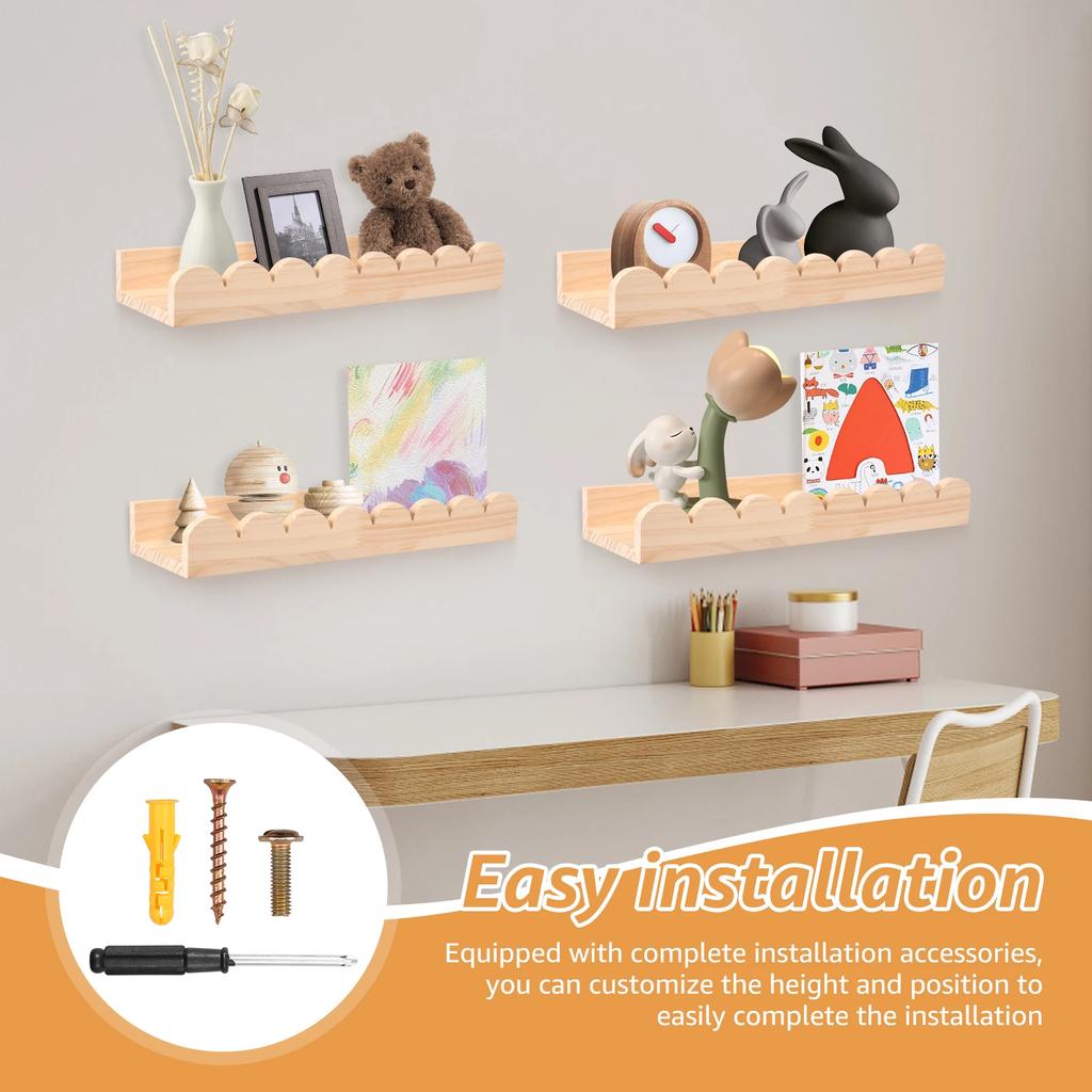 3/4Pcs Scalloped Wood Wall Storage Shelf Strong Load Bearing Wooden Floating Wall Shelf With Hook Decorative Display Shelf