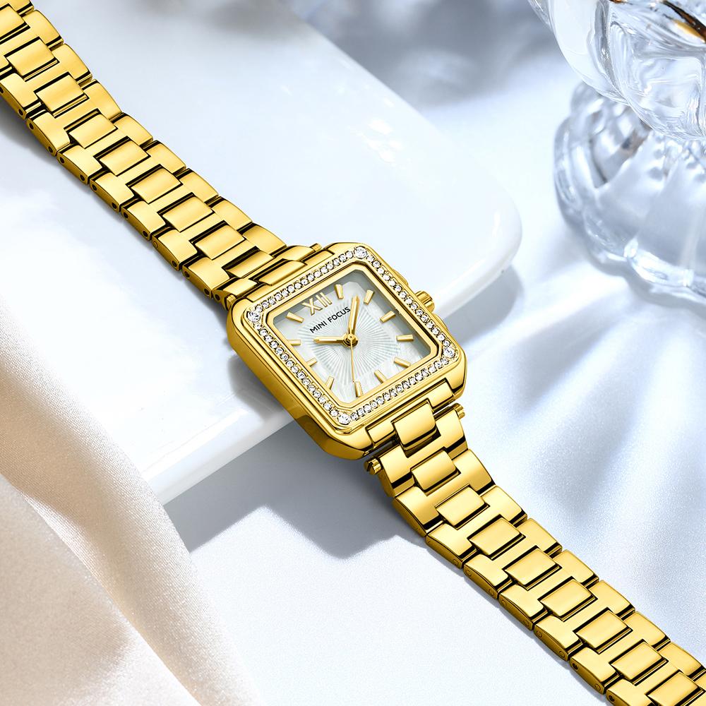 MINIFOCUS Women's Light Luxury Watch with Square Case Mother-of-Pearl Dial Stainless Steel Strap Luminous Hands Relogios