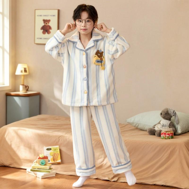 Boys Coral Fleece Pajamas Set Winter Thick Flannel Loungewear Kids