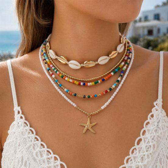 5Pcs Layered Boho Shell Beaded Necklaces for Women, Fashion Bohemia Adjustable Length Necklace, Beach Starfish Beach Necklace, Ocean Vacation Jewelry