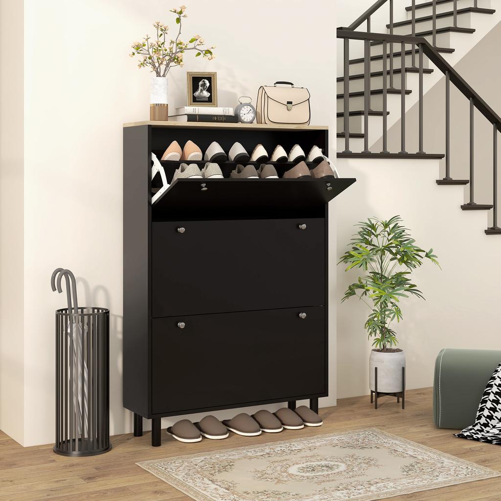 Shoe Cabinet for 24 Pairs, Narrow Shoe Cabinet with 3 Flip Drawers, Adjustable Shelves, Black