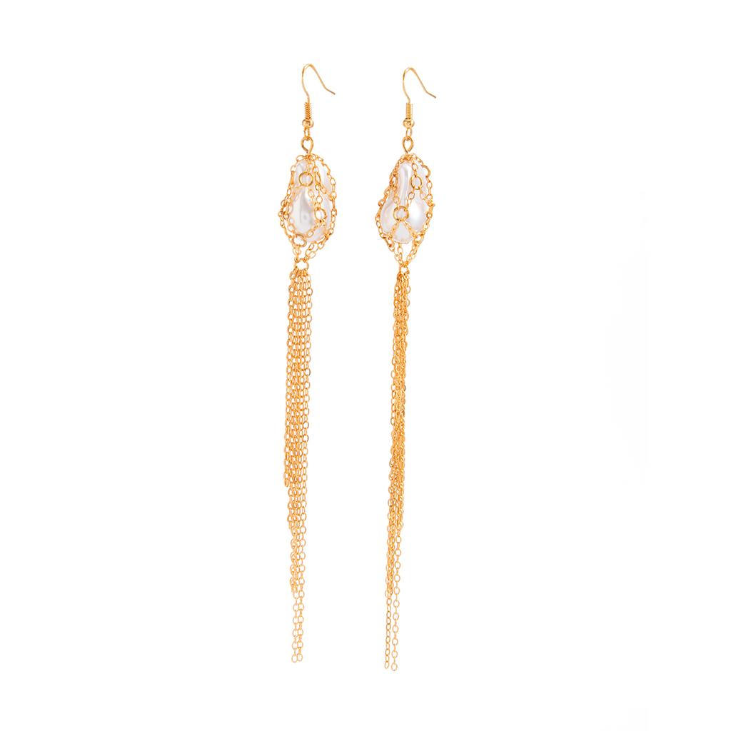 Ingemark Exquisite Boho Imitation Pearls Drop Earrings for Women Creative Long Metal Tassel Dangle Earrings Jewelry Accessories