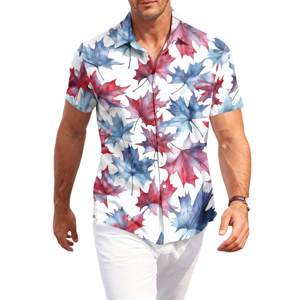 Men's Casual Loose Fit Short Sleeve Shirt Button Down Palm Leaf Print Lightweight Summer Beachwear Shirt