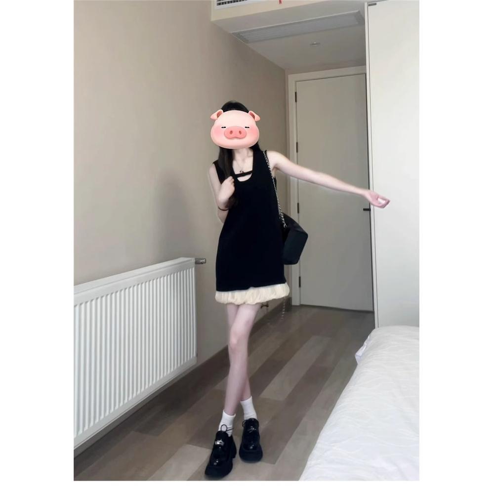 Little black dress, miu series spliced A-line short skirt, temperament, sleeveless vest dress, women's summer