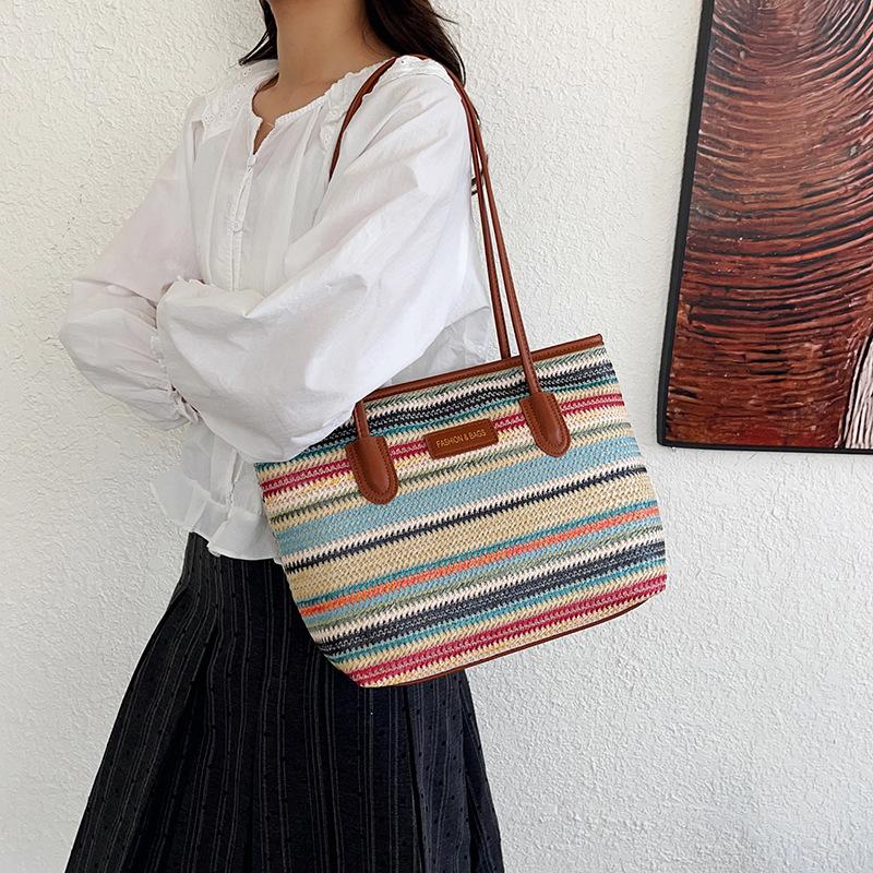 Summer Versatile Large-capacity Colorful Hand-woven Bag Casual Vacation Beach Bag Rainbow Shoulder Underarm Tote Bag