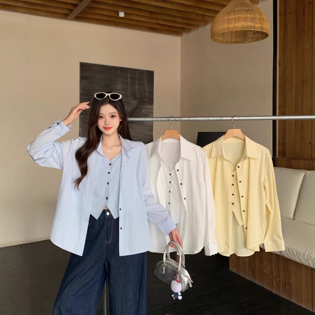 

Plus Size Women s Spring/Summer Korean-Style Casual Blouse - Solid Color, Fake Two-Piece Shirt L розовый