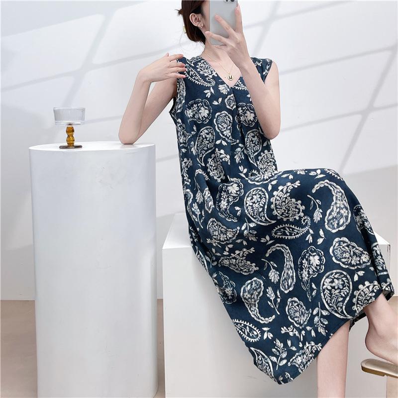 Cotton and silk sleeveless nightdress women's summer thin floral new super good-looking dress medium and long small fresh loungewear