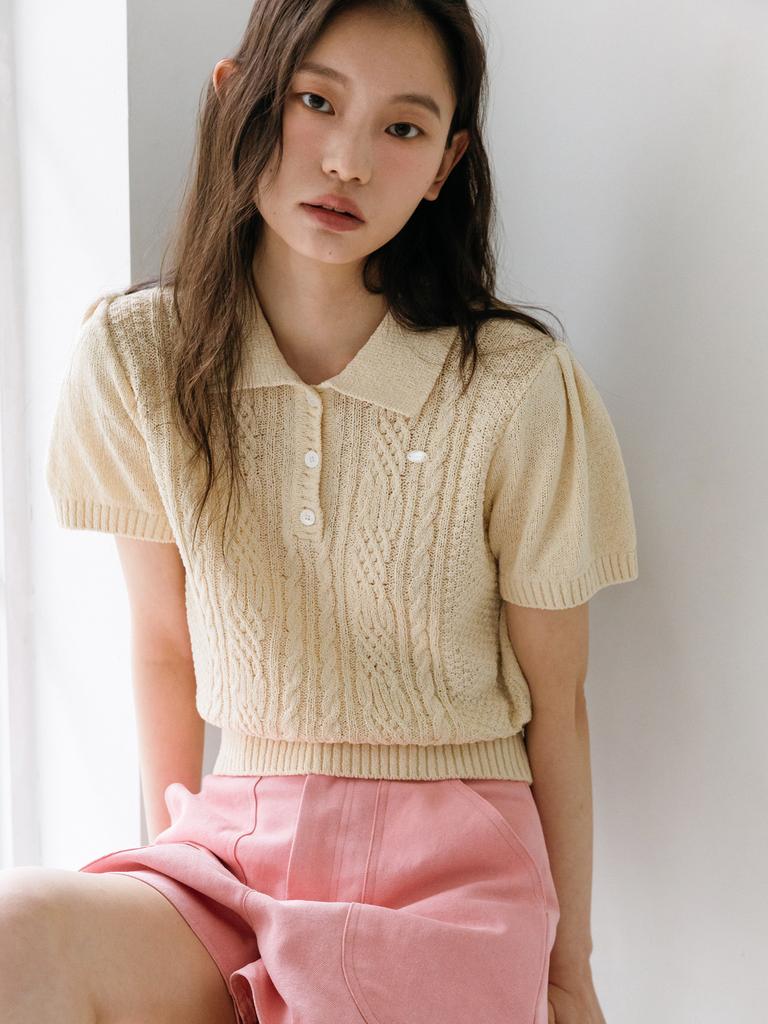 TINKNIT Linen Cable Puff Collar Knit_Beige