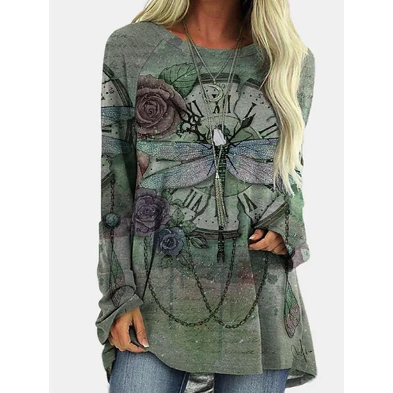 

Плюс размер осень и зима новый длинный рукав свитер футболка топы круглый вырез пригородный стиль бабочка узор футболка женская 2XL