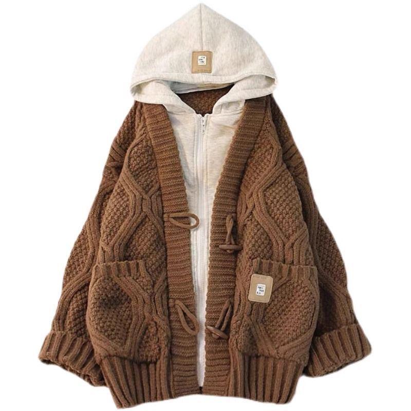 Damski sweter kardigan z kapturem i warkoczowym splotem - Średniej długości, Luźny krój, Jesień/Zima 2024