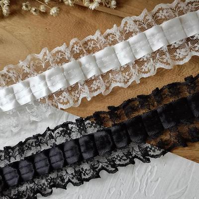 4,5 cm breiter schwarzer Spitzenbesatz - dreidimensionaler plissierter Lolita-Stoff für Vorhänge und Kleidungsaccessoires