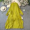Elegante Vestido de Gasa Línea A con Mangas Abullonadas Cuello Alto Cintura Ceñida Borde con Volantes Gran Oscilación Vestidos Largos Estilo de Temperamento Suave