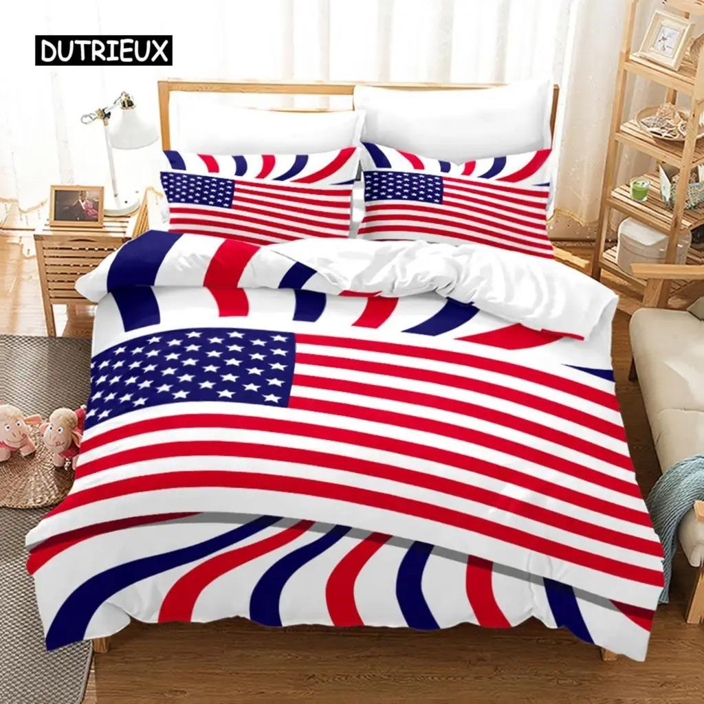 American Flag Duvet Cover Set Microfiber Red White Stripe Decor Bedding Independence Day Freedom Theme Quilt Cover