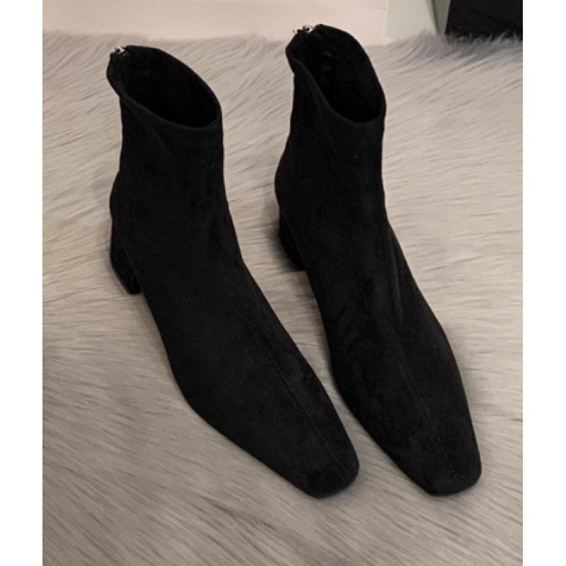 Kurzstiefel mit eckiger Spitze für Damen, dicker Absatz, Herbst und Winter 2025, neue vielseitige französische dünne Stiefel, Reißverschluss hinten, hoher Absatz, elastische Stiefel