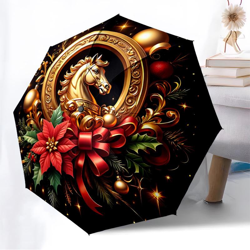 1pc Golden Horse Decoration Fashionable Automatic Opening/Closing Folding Umbrella with 8 Iron Bones, Plastic Handle yy251015067